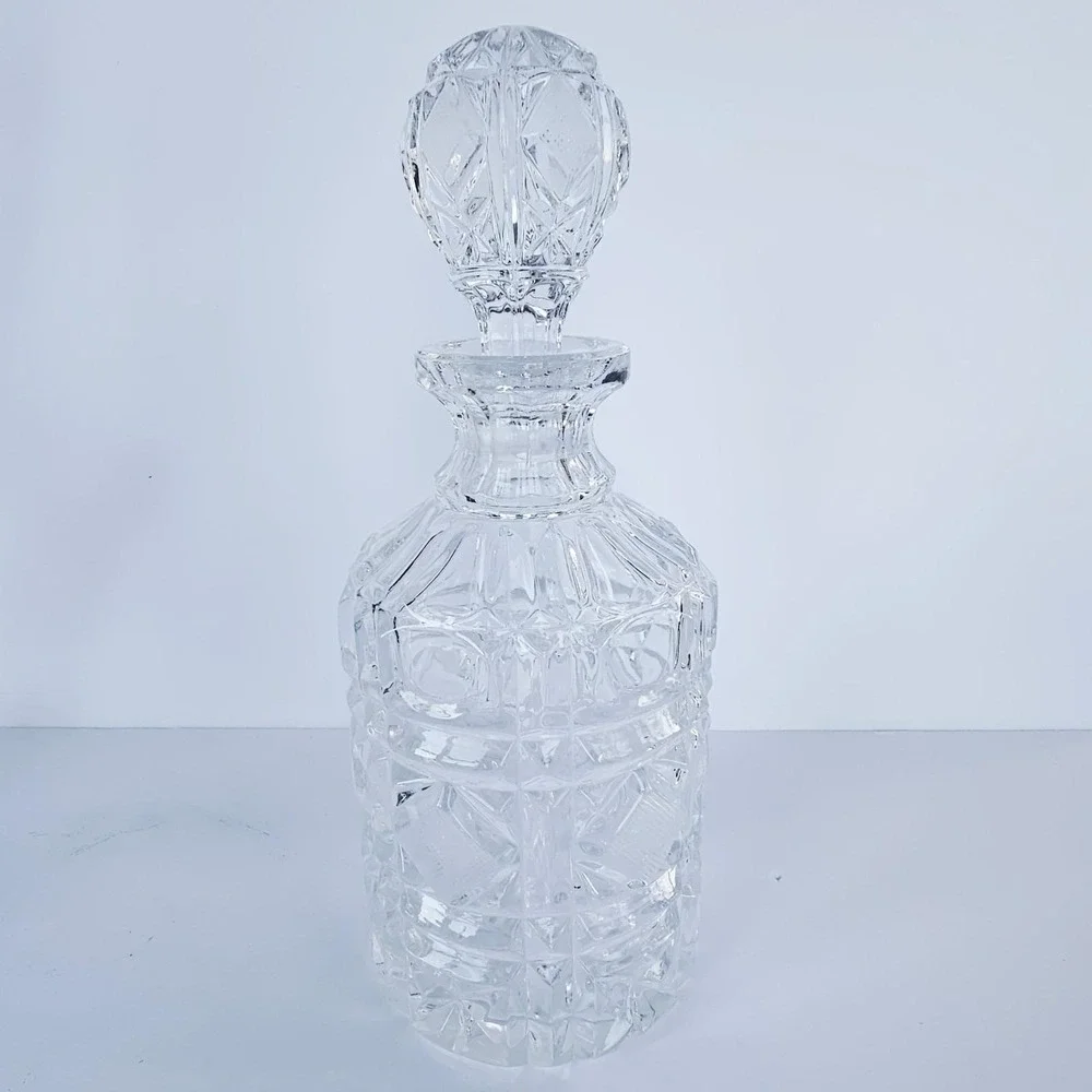 Vintage MCM Heavy Lead Crystal Liquor Decanter Starburst Diamond Pattern Barware